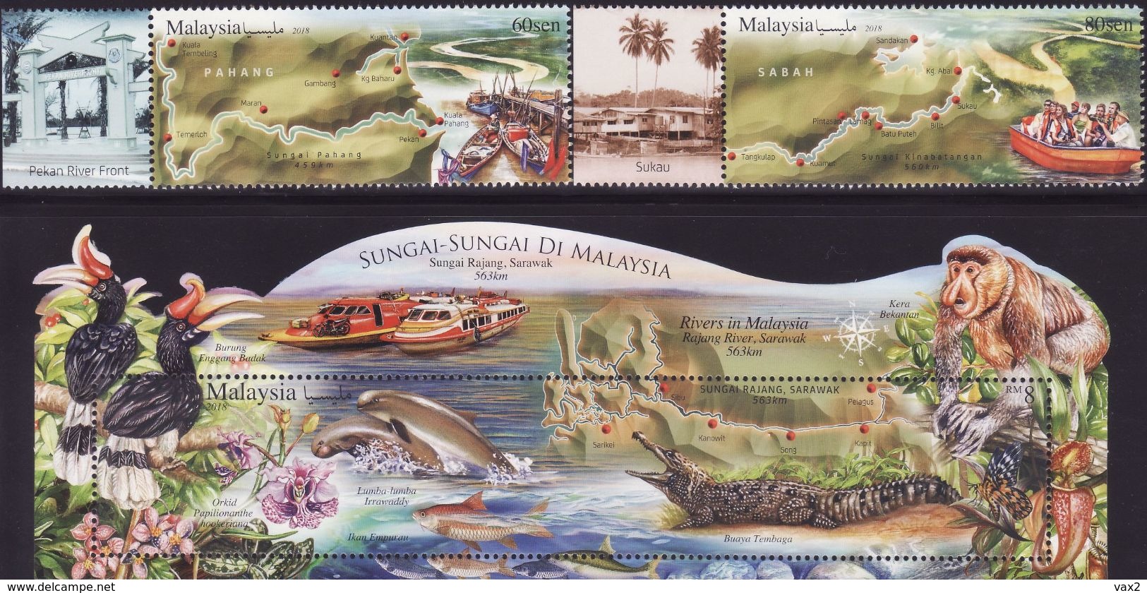 Malaysia 2018-4 Rivers Set+M/S MNH Flora Fauna Bird Fish Boat Reptile Crocodile Monkey Butterfly Pitcher Unusual - Maleisië (1964-...)