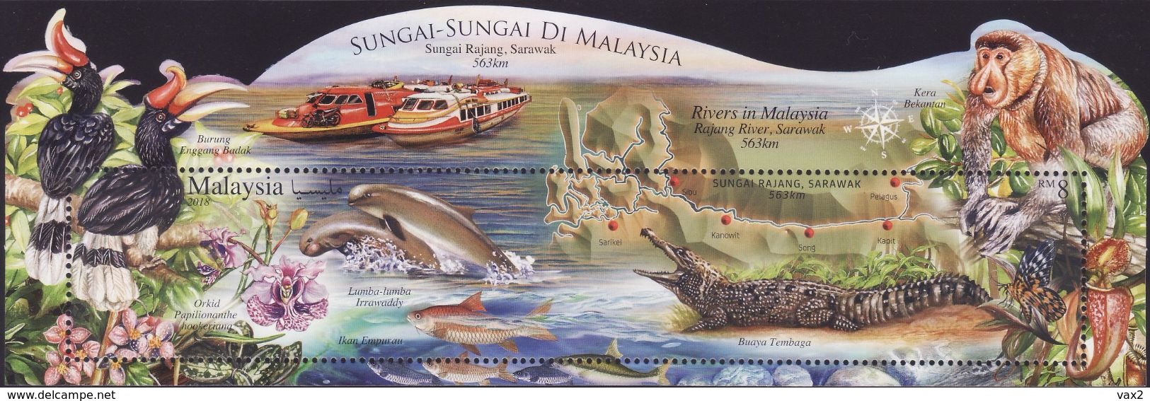 Malaysia 2018-4 Rivers Set+M/S MNH Flora Fauna Bird Fish Boat Reptile Crocodile Monkey Butterfly Pitcher Unusual - Malesia (1964-...)