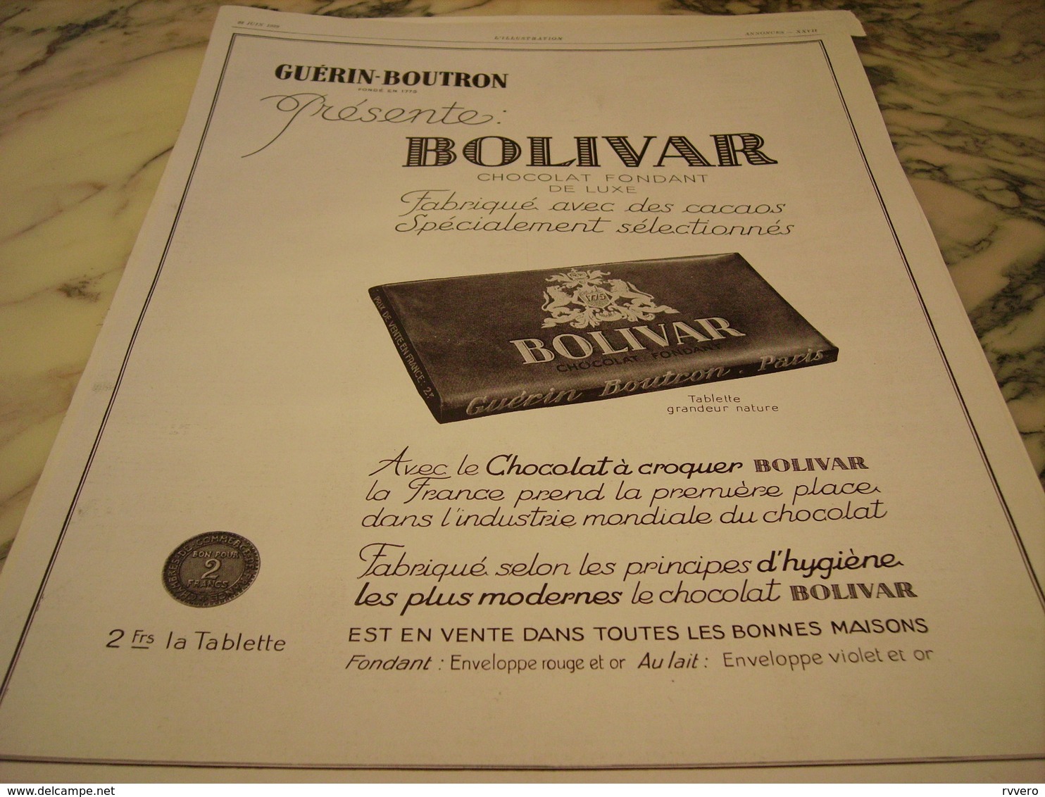 ANCIENNE PUBLICITE CHOCOLAT GUERIN BOUTRON BOLIVAR 1929 - Affiches