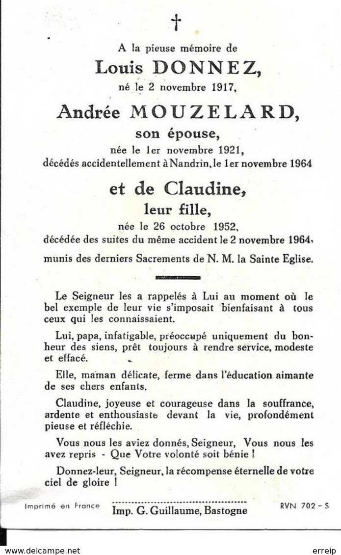 Bastogne Nandrin SM Louis Donnez Andrée Mouzelard Et Claudine Décédés Accident Nandrin 2 Novembre 1964 - Bastogne