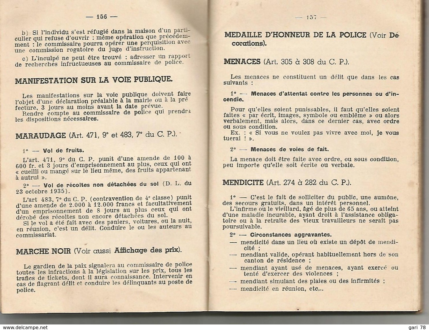 1950 Guide Alphabétique De Poche à L'usage Des Brigadiers Et Gardiens De La Paix Des Corps Urbains Et Des C.R.S. - Diritto