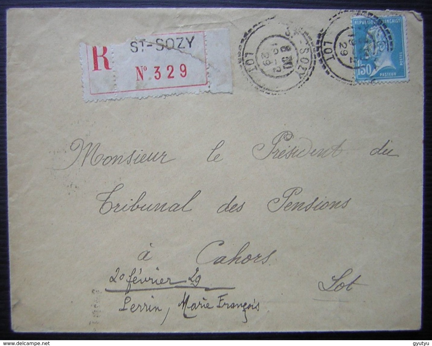 Saint-Sozy (LOT) 1929 Joli Cachet Sur Lettre Recommandée Pour Le Président Du Tribunal Des Pensions à Cahors - 1921-1960: Modern Period