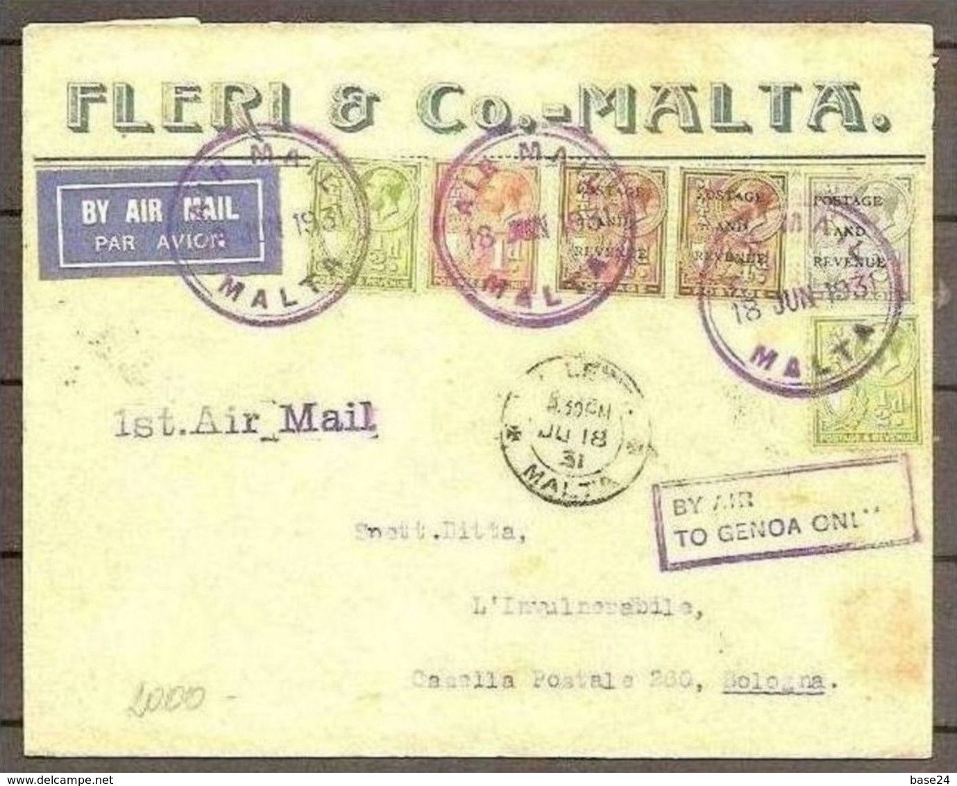 1921 Malta STORIA POSTALE Busta MALTA - BOLOGNA Viagg. Aerea Affr.1928/30 Bollo Transito ROMA - Malta