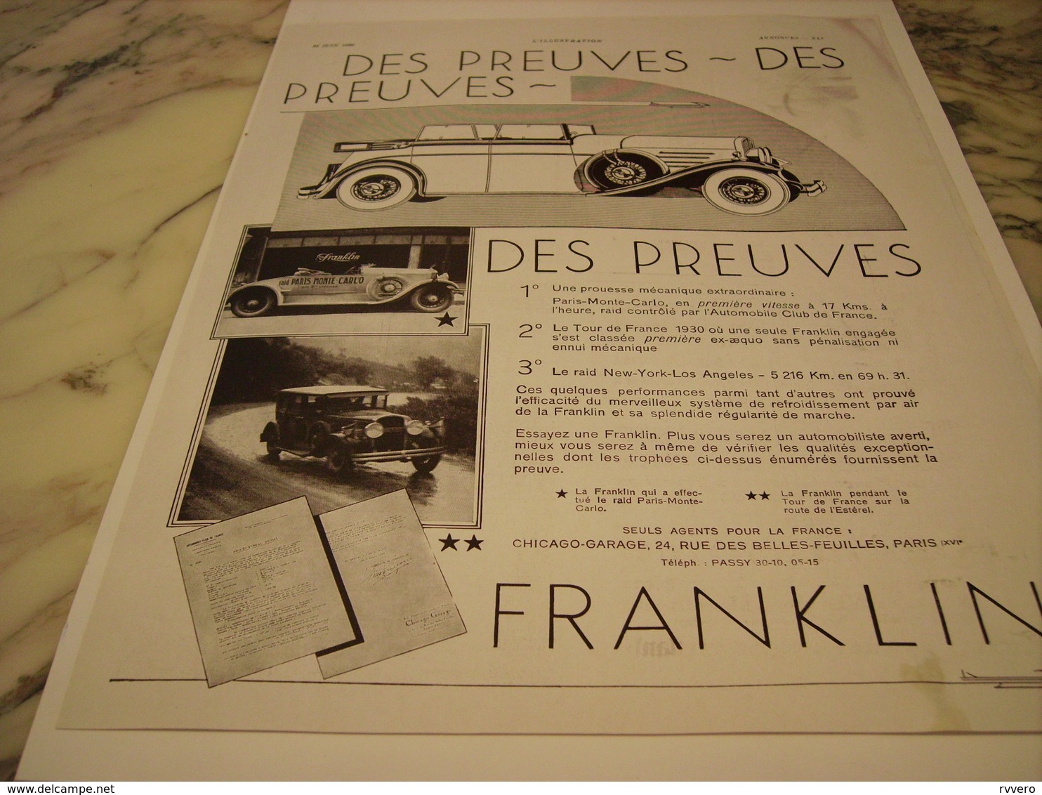 ANCIENNE PUBLICITE  AUTOMOBILE  FRANKLIN DES PREUVES 1930 - Voitures