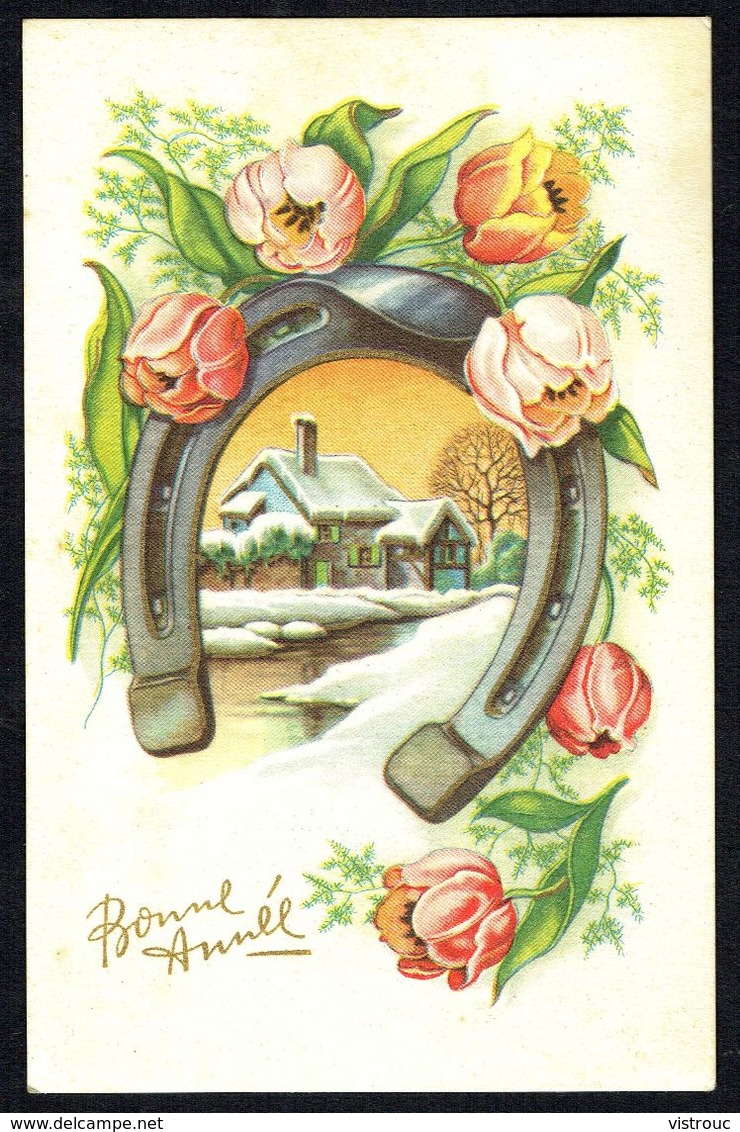 BONNE ANNEE - GELUKKIG NIEUWJAAR - Fer à Cheval, Fleurs Et Paysage Hivernal - Circulé - Circulated - Gelaufen - 1954. - New Year