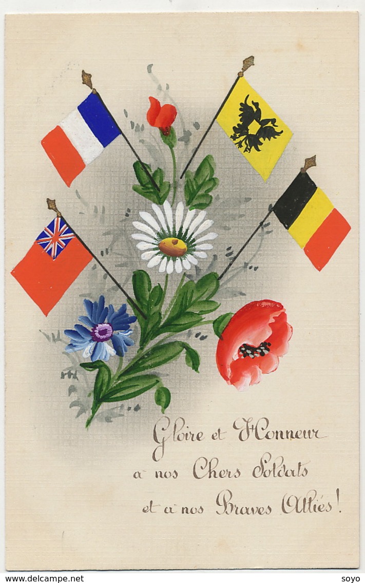 Carte Peinte Main Drapeaux France Russie Belgique Grande Bretagne Coquelicot Bleuet - Patriotiques