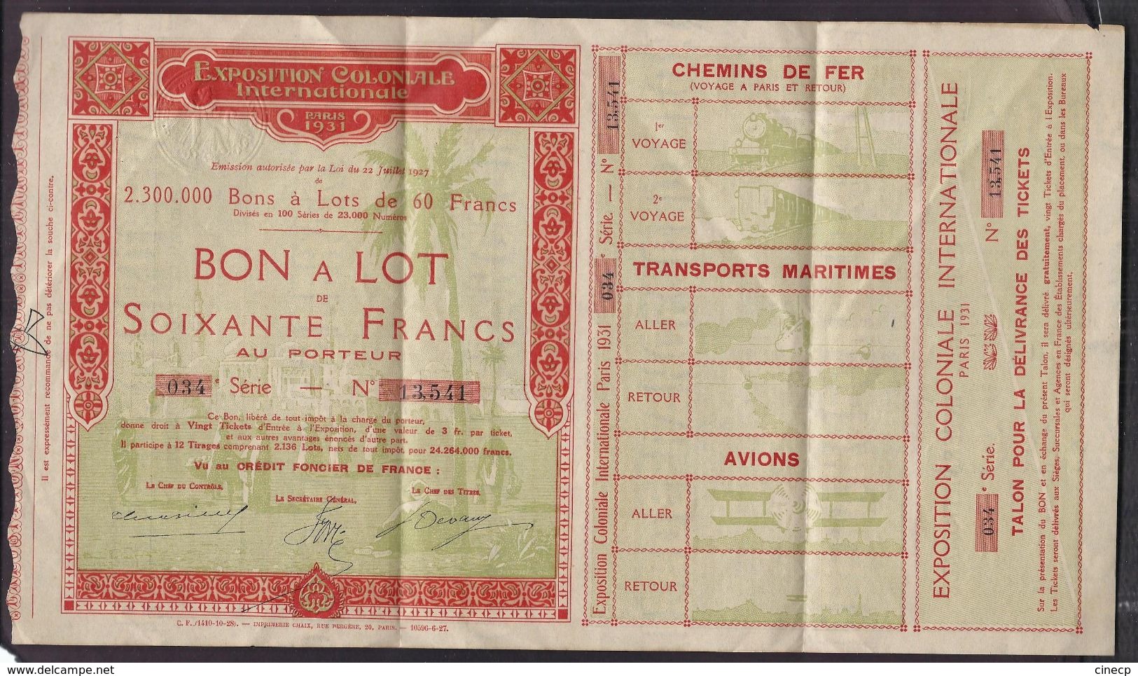 Planche De Billet De Loterie Pour L' Exposition Coloniale Internationale Paris 1931 Avec Son Talon - Illustration - Loterijbiljetten