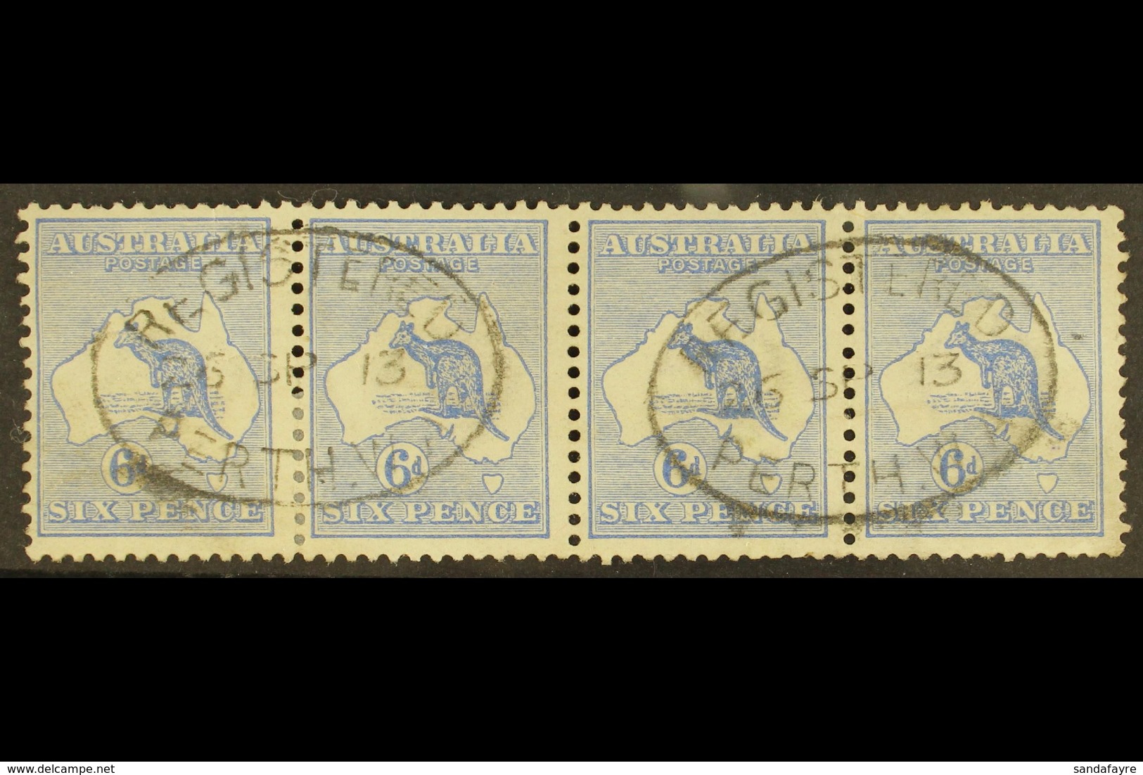 1913-14  6d Ultramarine Kangaroo, SG 9, A Used Strip Of Four With Oval "REGISTERED / PERTH" Cancels Of 06 SP 13, The Lef - Altri & Non Classificati