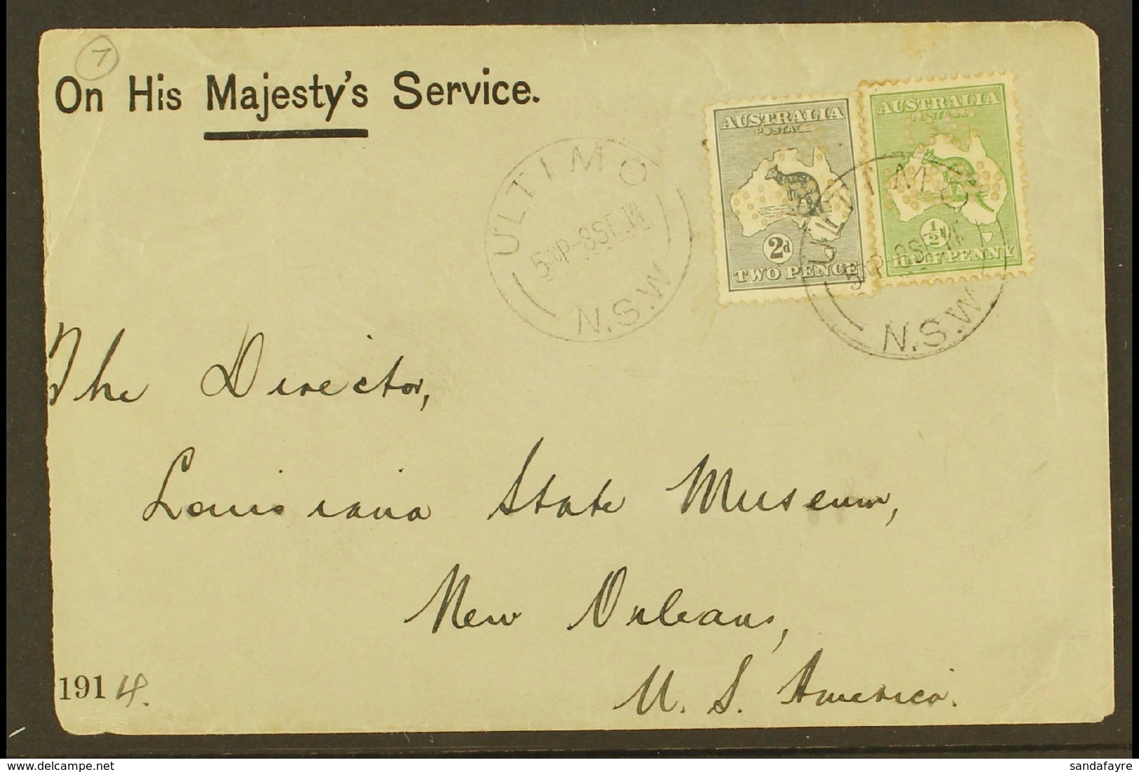 OFFICIALS ON COVER  1914 "OHMS" Cover To USA, Franked With ½d & 2d Roos Punctured "OS / NSW," Tied By ULTIMO 8.9.14 Post - Altri & Non Classificati