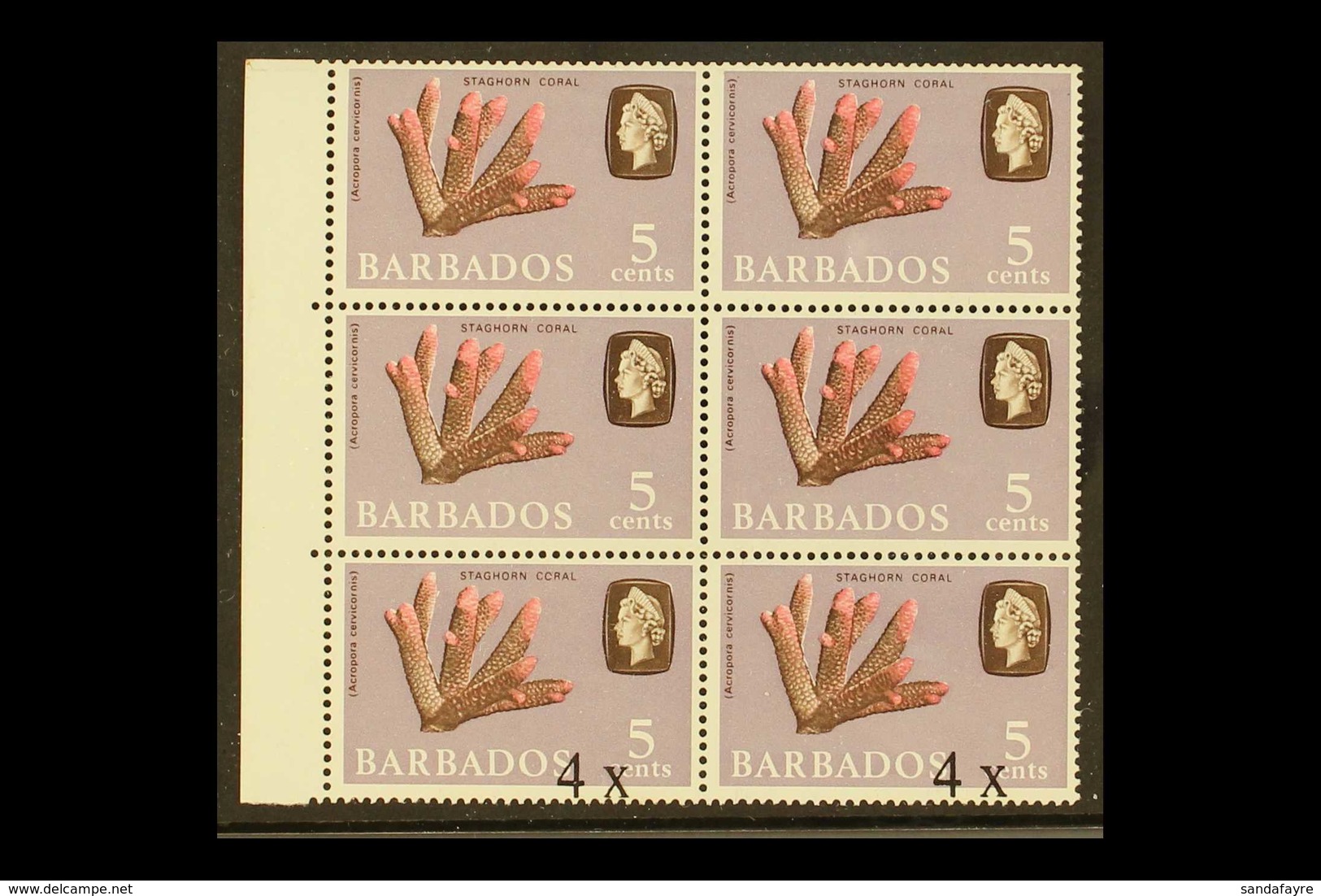 1970  4c On 5c Coral, Left Marginal Block Of Six, With The Upper Block Of Four Without Surcharge, SG 398a, Never Hinged  - Barbados (...-1966)