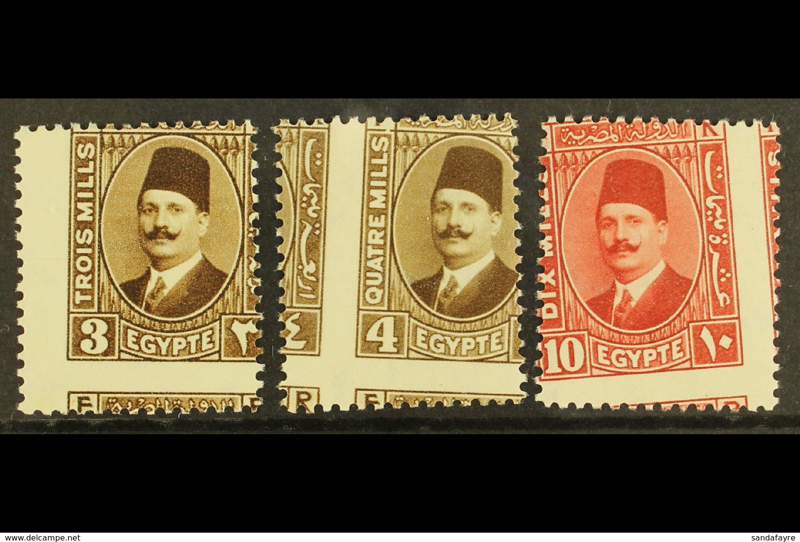 1927-37 OBLIQUE PERFORATIONS  King Fouad 3m Pale Brown, 4m Pale Brown And 10m Pale Rose Red (type II), Mint Never Hinged - Altri & Non Classificati