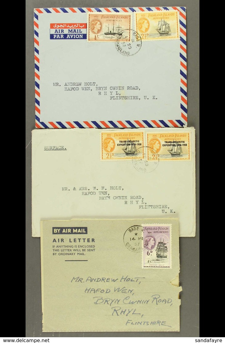 1957 "BASE W" COVERS.  A Group Of Three Commercial Covers (two Airmail And One Surface Mail) Addressed To The United Kin - Falkland