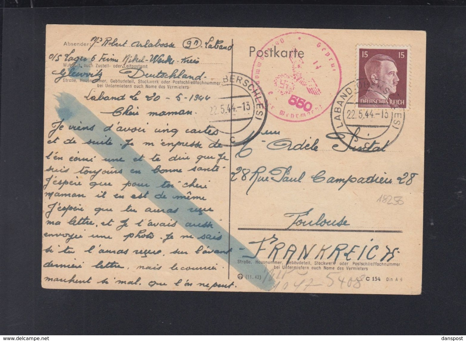 Dt. Reich PK 1944 Französischer Zwangsarbeiter Lager 6 Laband Oberschlesien - Covers & Documents