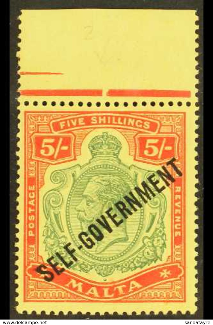 1933  5s Green And Red On Yellow Ovptd Self Government, SG 113, Superb Marginal NHM. For More Images, Please Visit Http: - Malta (...-1964)