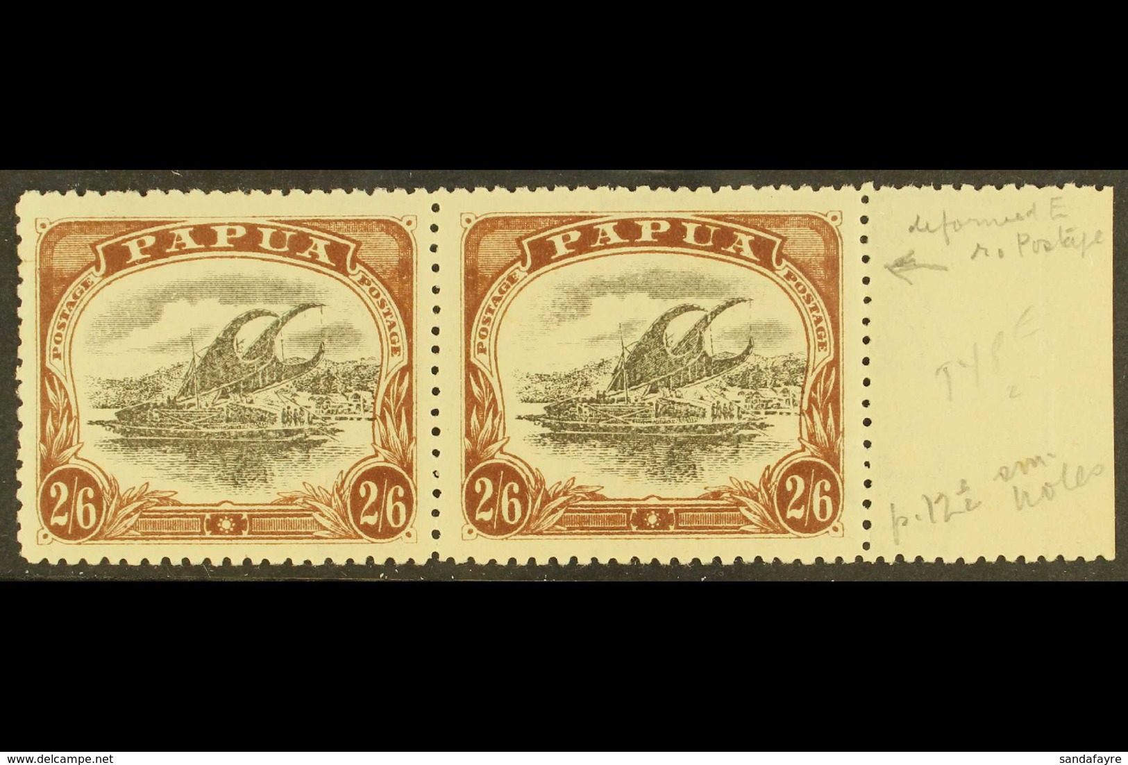 1910-11  2s6d Black & Brown Lakatoi Type C, SG 83, Fine Mint Marginal Pair, One Stamp With DEFORMED "E" AT LEFT Variety  - Papua Nuova Guinea
