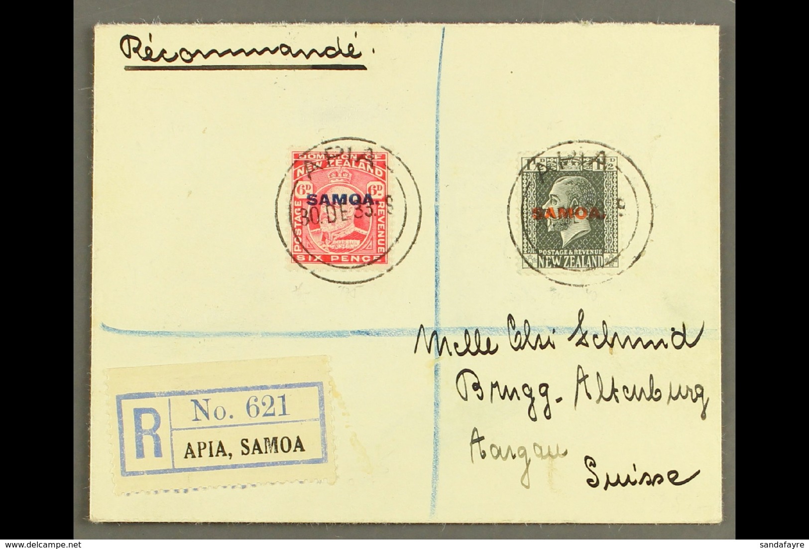 1933  6d Carmine & 1½d Slate, SG 119, 135, 7½d Franking On Registered Cover To Switzerland, Tied By Apia 30.12.33 Postma - Samoa
