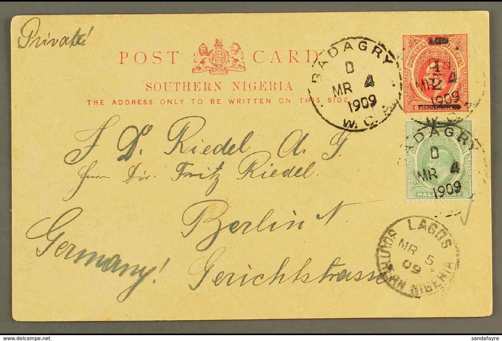 1908  ½d On 1d Red On Buff Surcharged Stationery Card To Germany, Uprated ½d Both Cancelled BADAGRY  W. C. A. Cds With L - Nigeria (...-1960)
