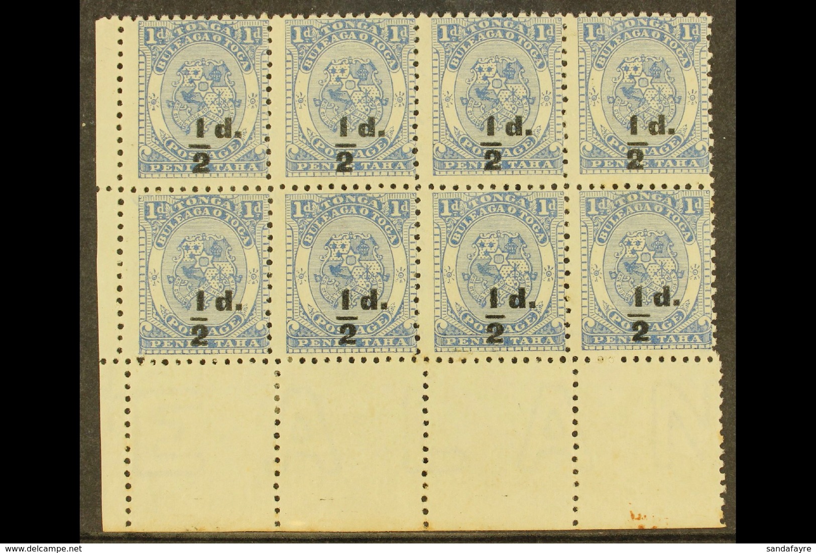 1893  ½d On 1d Dull Blue Surcharge In Black, SG 19, Fine Unused No Gum Lower Left Corner BLOCK Of 8, Fresh & Attractive. - Tonga (...-1970)