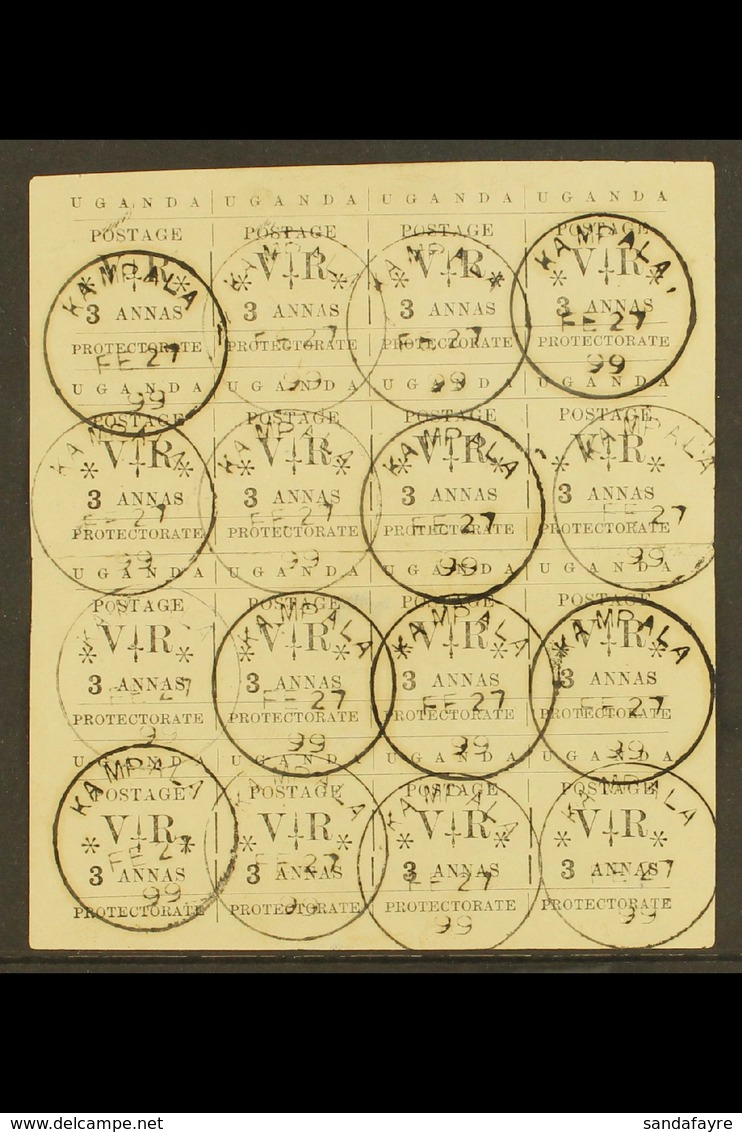 1896  3a Black, SG 57, Cds Cancelled Block Of 16 Including 1 Variety "Small O In Postage", SG 57a. Top Block Of 8 Rejoin - Uganda (...-1962)