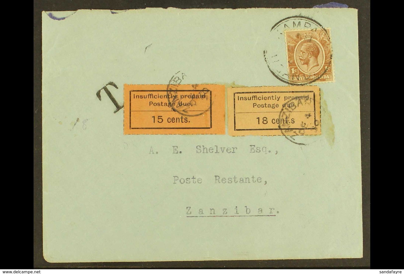 1926-30 POSTAGE DUE ERROR ON COVER  Envelope From Kampala To Zanzibar, Bearing The KUT 1c Brown Tied Kampala Cds, With " - Zanzibar (...-1963)