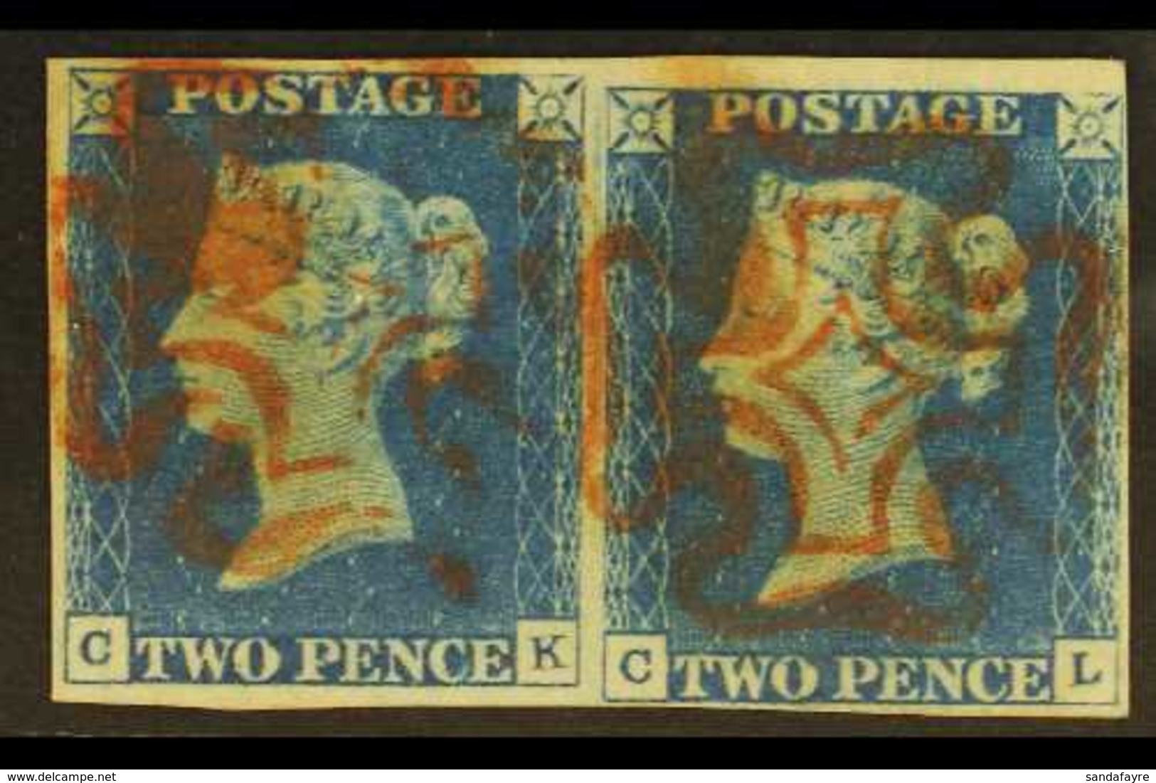 1840  2d Pale Blue PAIR 'CK - CL' Plate 1, SG 6, Used With 4 Margins & Red MC Cancellations. For More Images, Please Vis - Other & Unclassified