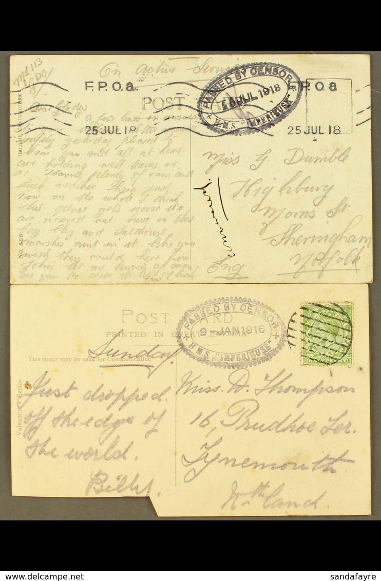 1916-18 CENSOR POSTCARDS.  Two Picture Postcards, One Bearing ½d Stamp With Dumb Cancel, Other With FPO 8 Machine Cancel - Non Classificati