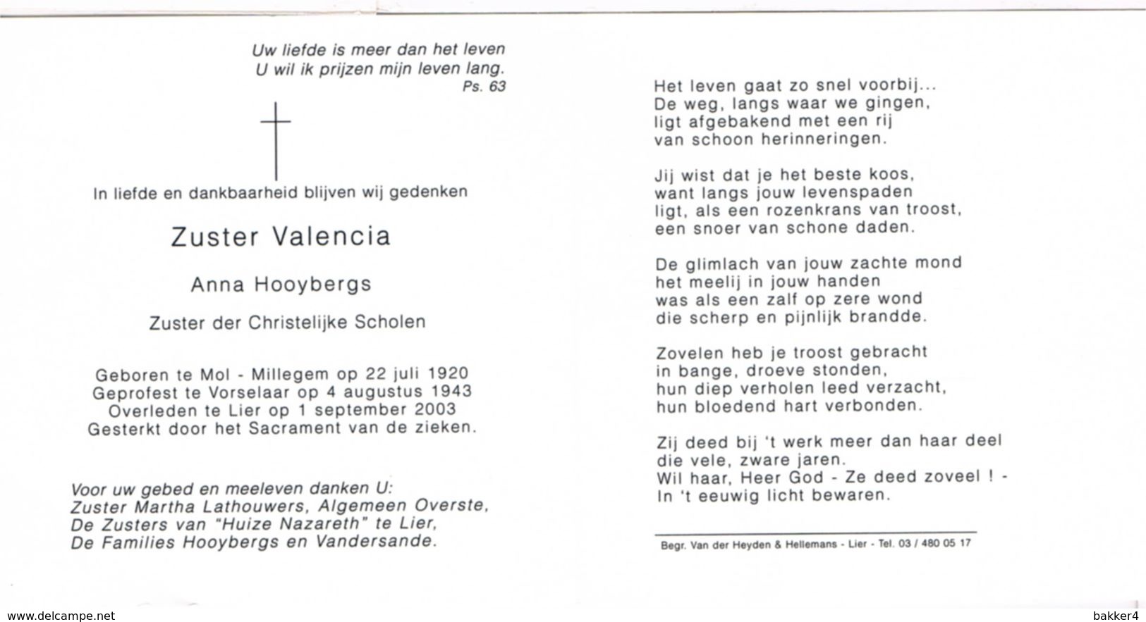 Dp. Zuster Valencia. Hooybergs Anna. ° Mol-Millegem 1920 † Lier 2003  (2 Scan's) - Religion & Esotérisme