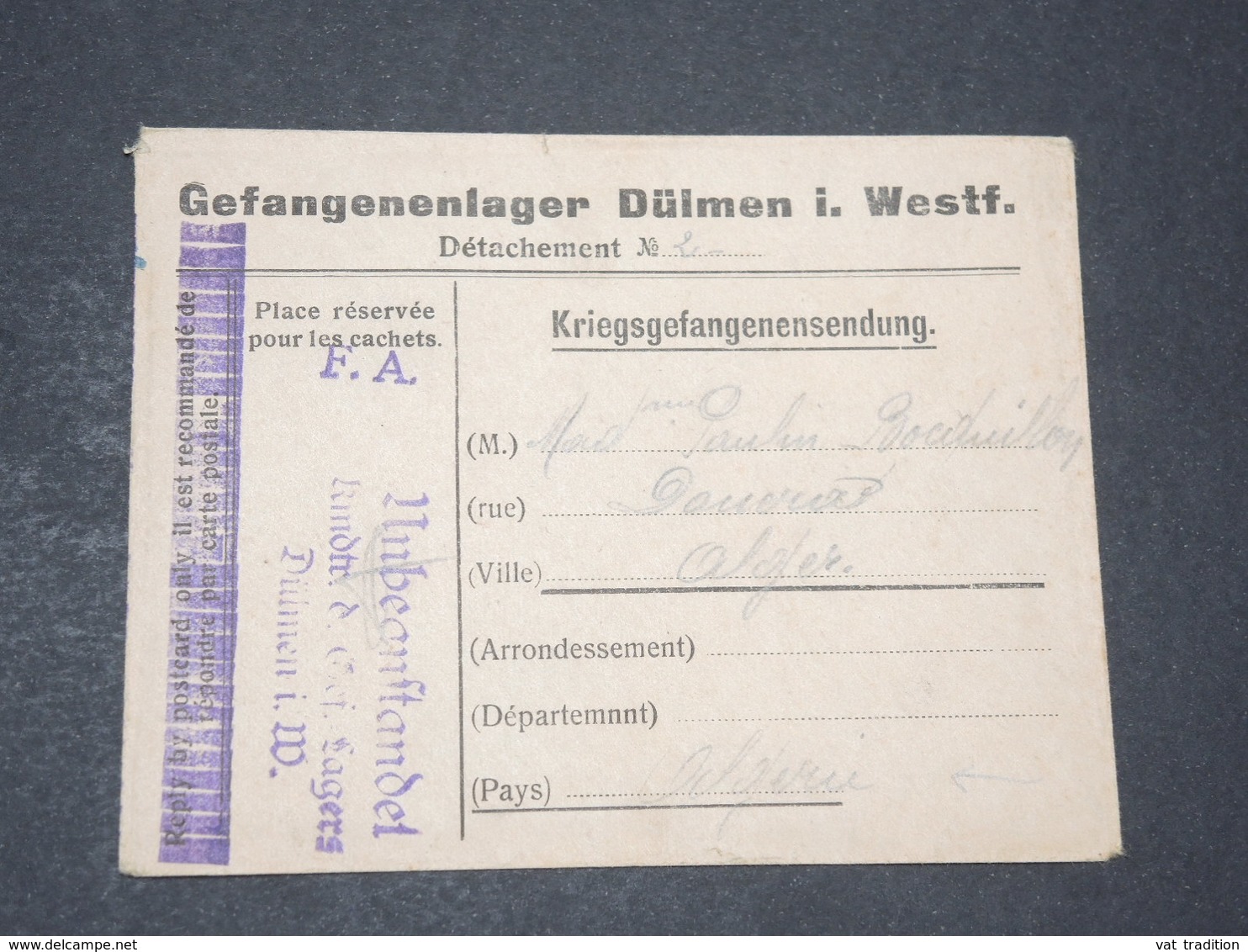 ALLEMAGNE - Enveloppe Du Camp De Prisonniers De Dülmen Pour L 'Algérie  - L 14368 - Lettres & Documents