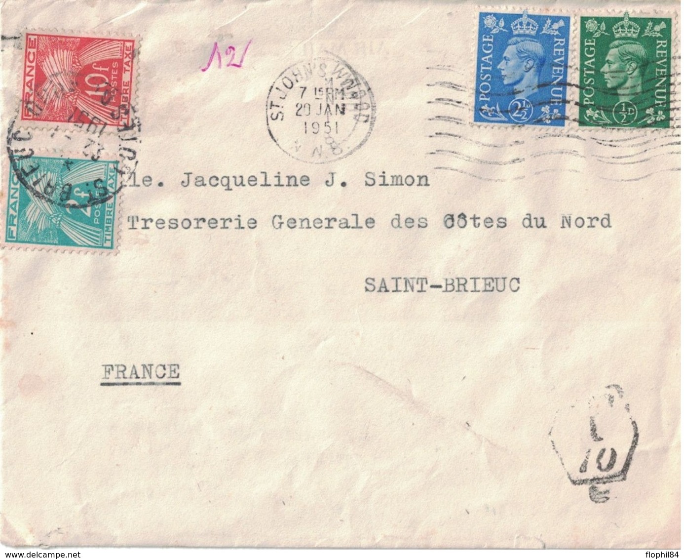 GRANDE-BRETAGNE - TAXE GERBE 10F+2F SUR LETTTRE DE ST JOHN'S WOOD LONDON - LE 20-1-1951 (P1). - 1859-1959 Covers & Documents