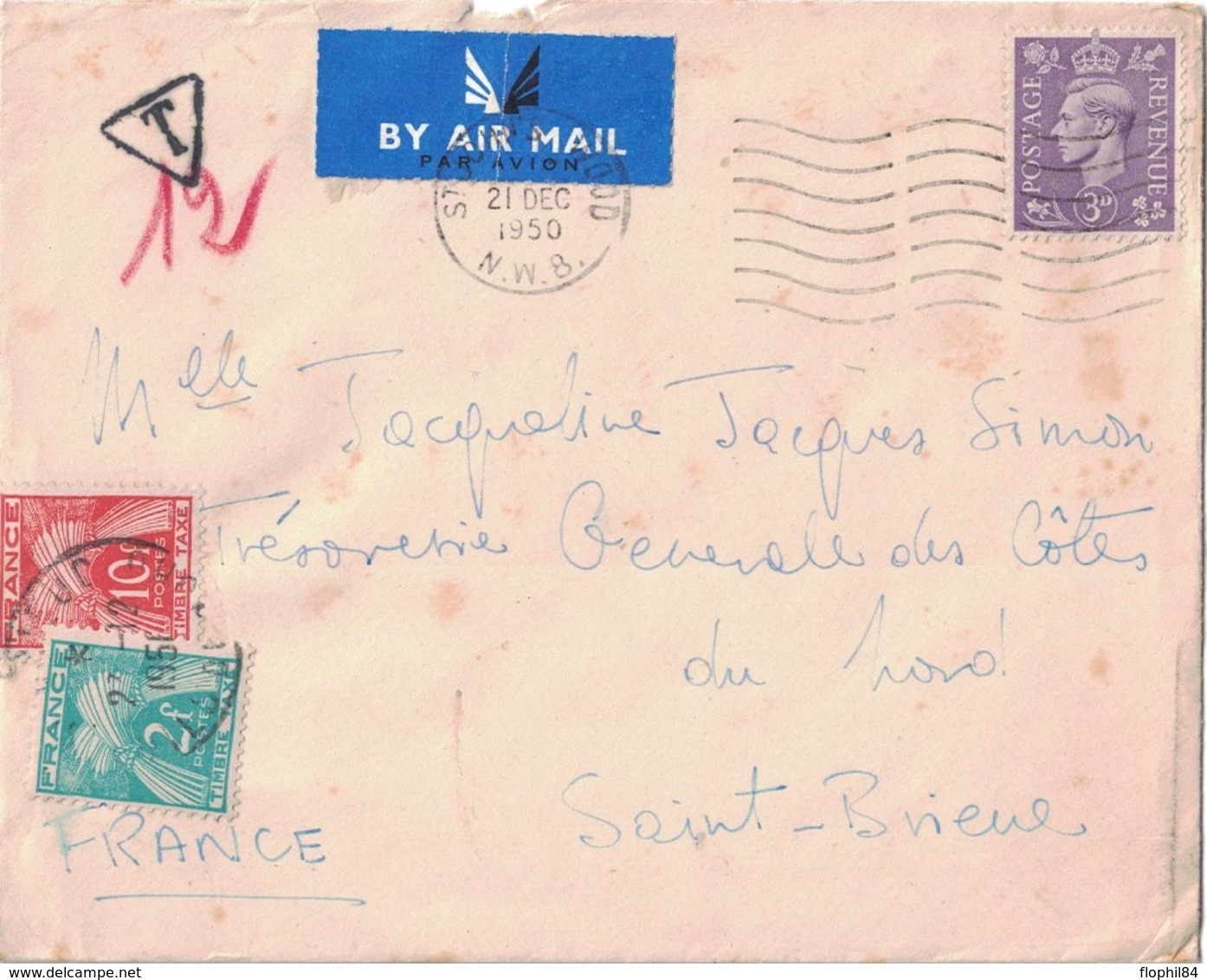 GRANDE-BRETAGNE - TAXE GERBE 10F+2F SUR LETTTRE DE ST JOHN'S WOOD LONDON - LE 21-12-1950 (P1). - 1859-1959 Lettres & Documents