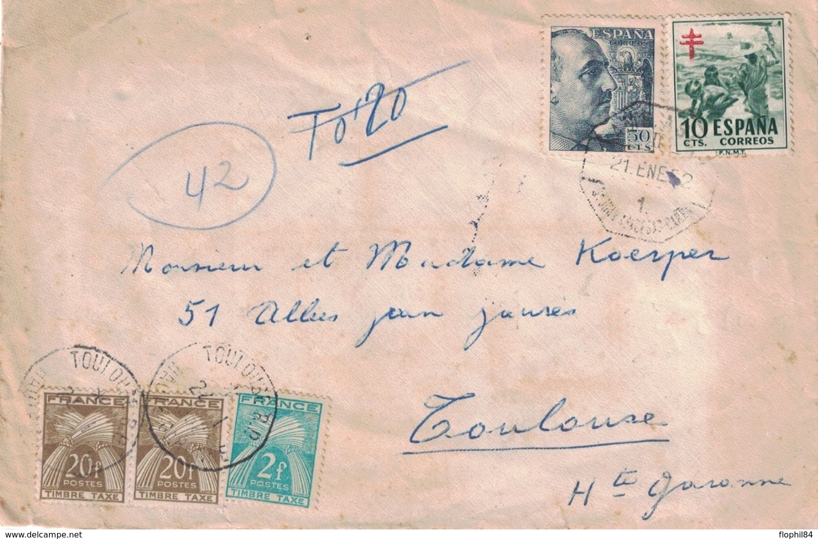 ESPAGNE - TAXE GERBE 20Fx2+2F SUR LETTRE D'ESPAGNE  - LE 21-1-1952 (P1). - 1859-1959 Covers & Documents