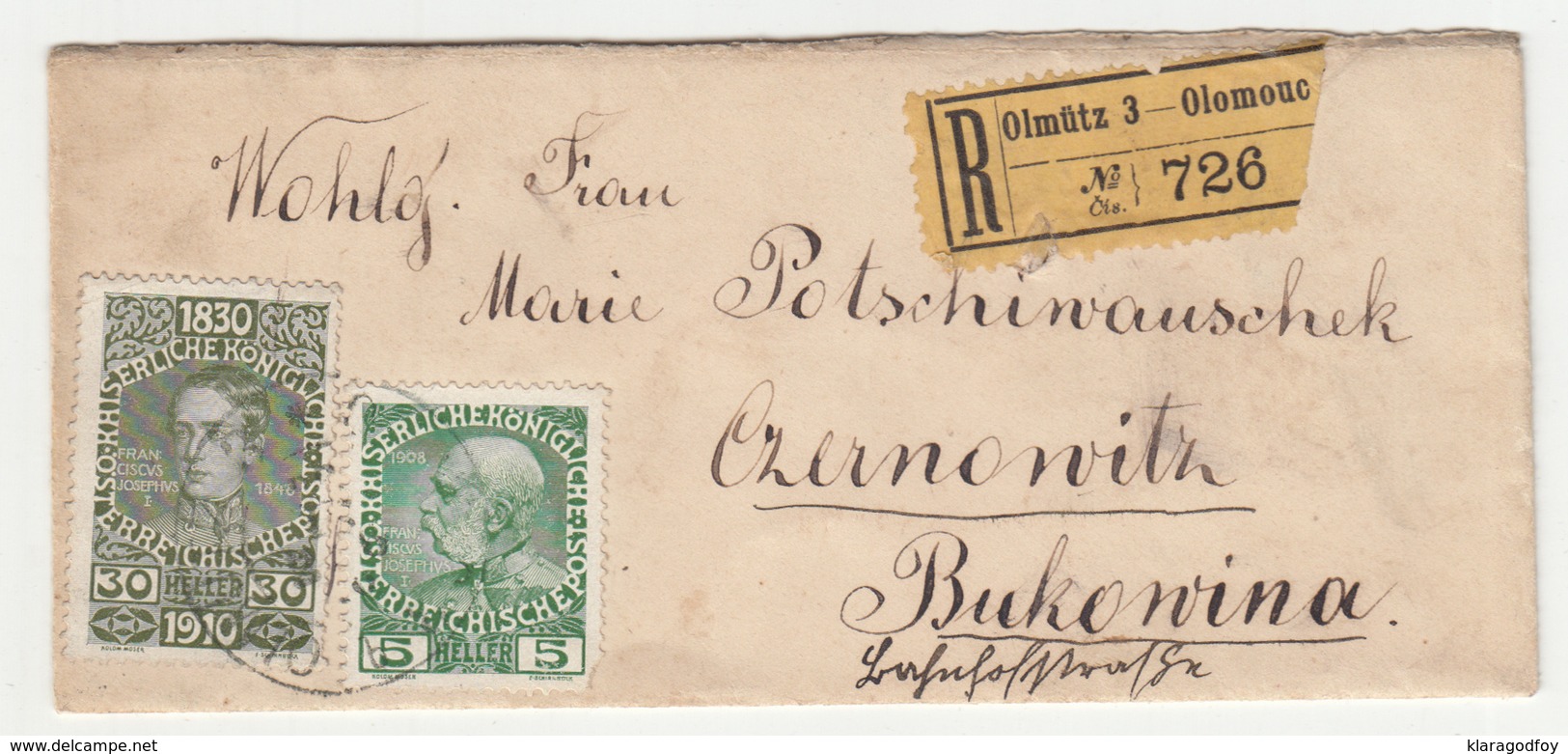 Austria, Small Letter Cover Registered Travelled 1910 Olomouc (Olmütz) To Czernowitz B180301 - Briefe U. Dokumente