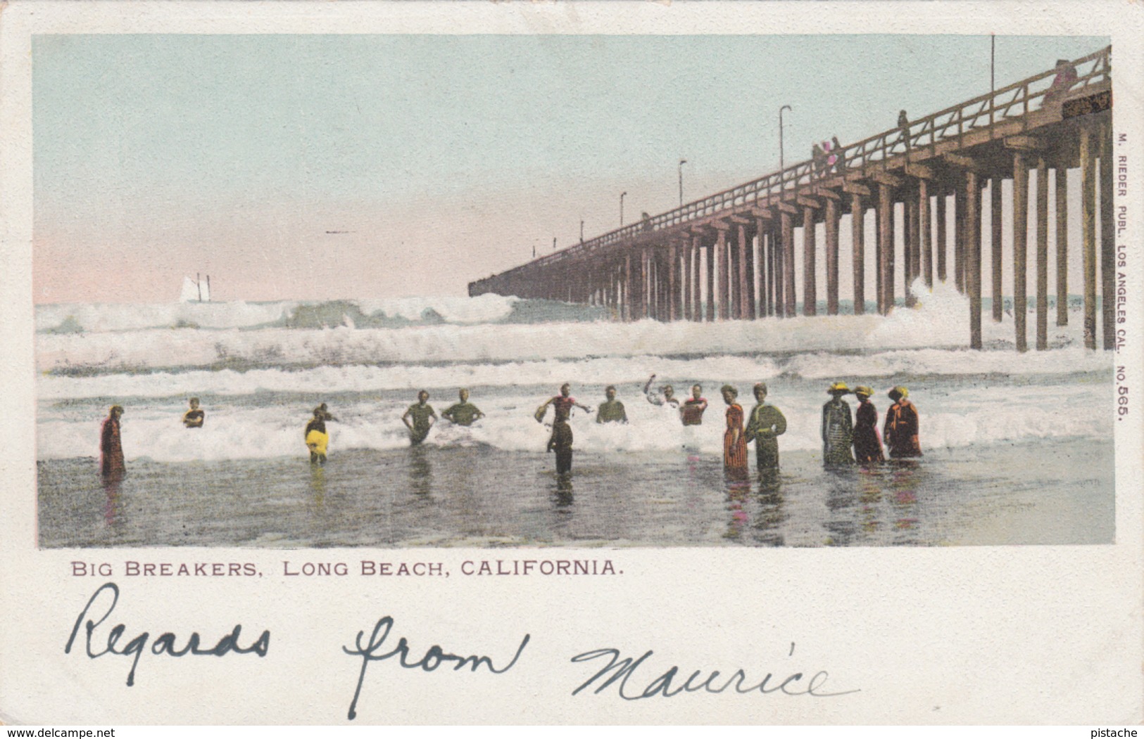 Antique Postcard 1903 - Big Breakers - Long Beach California USA - Beach Animated - Undivided Back - 2 Scans - Long Beach