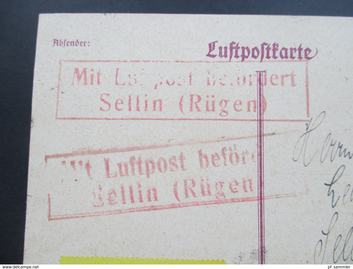 DR 1927 Flugpost GA / Luftpostkarte P 168 Stettin Flugplatz. Roter R2 Mit Luftpost Befördert Sellin (Rügen) Postlagernd - Briefe U. Dokumente