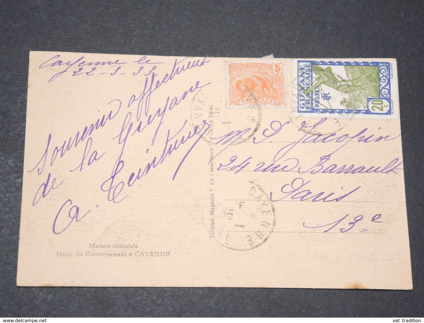 GUYANE - Oblitération De Cayenne Sur Carte Postale ( Hotel Du Gouverneur ) En 1933 Pour Paris - L 14407 - Cartas & Documentos