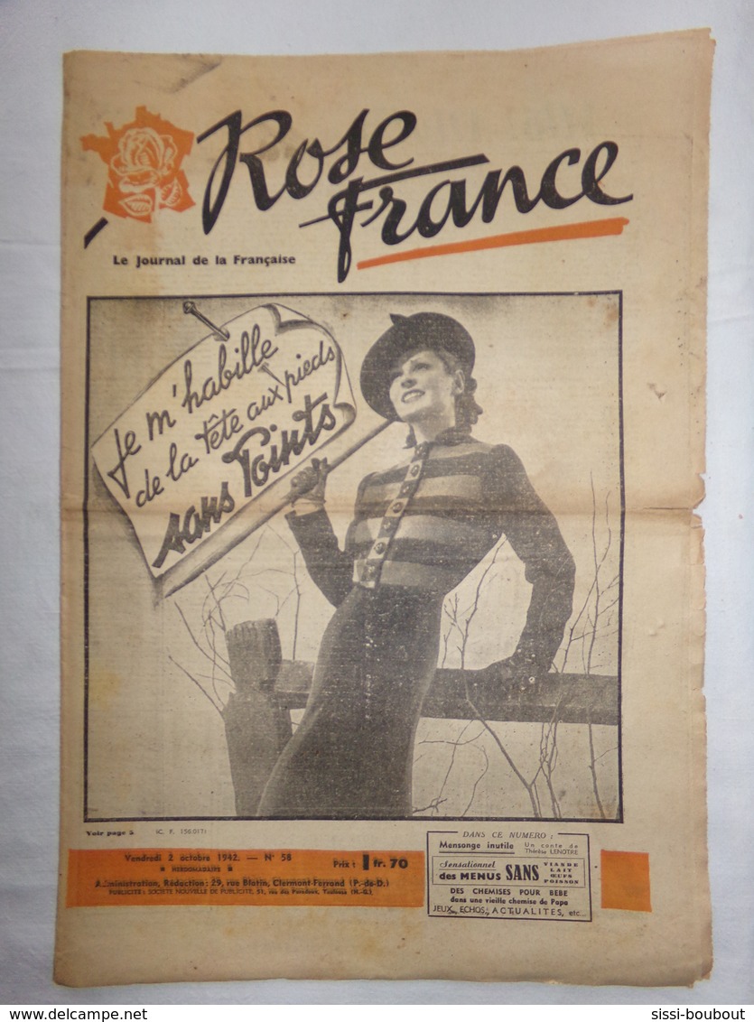 Le Journal De La Française "ROSE FRANCE" De 1942 - N°58 - Vieux Papiers/Journal/Revue - Clermont-Ferrand - Otros & Sin Clasificación