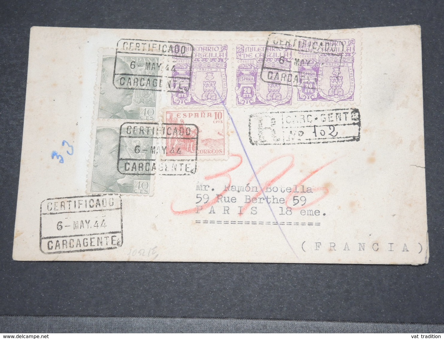 ESPAGNE - Enveloppe En Recommandé De Carcagente Pour La France Avec Censure De Valence Au Verso En 1944  - L 14455 - Nationalists Censor Marks