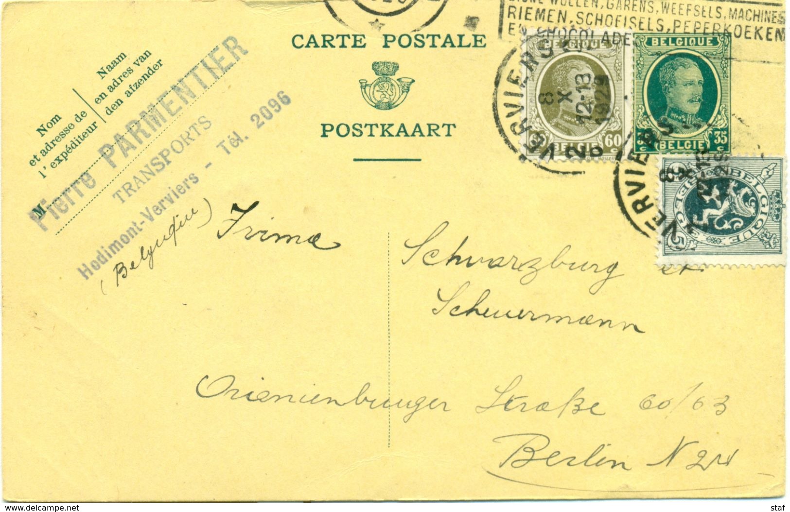 Carte Postale De Pierre Parmentier Transports à Hodimont - Verviers : 1929 - Trasporti