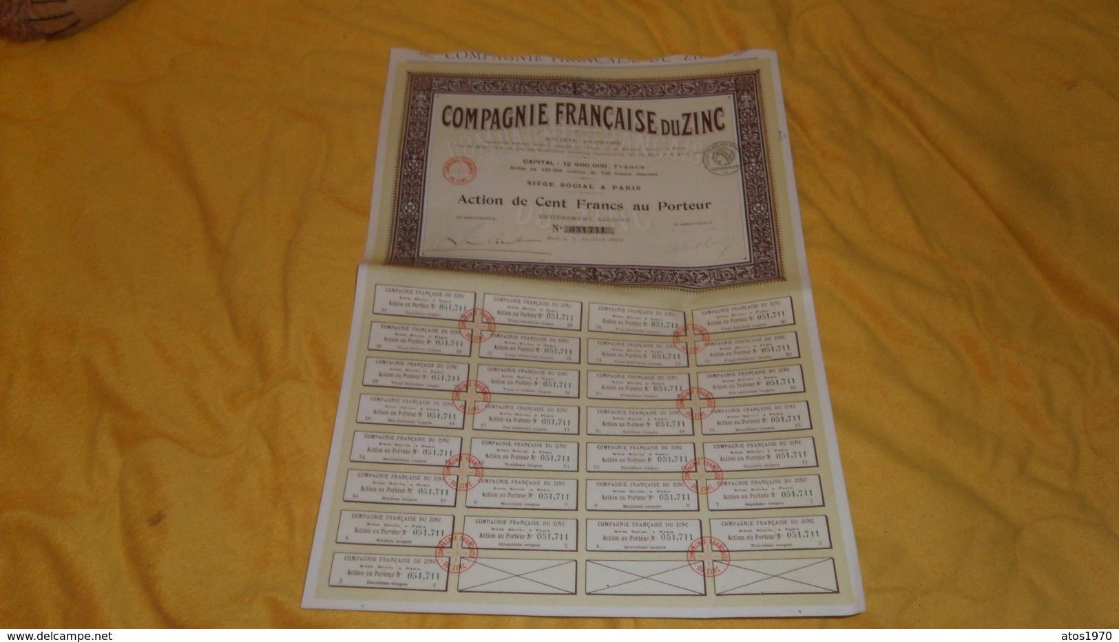 ACTION DE 100 FRANCS AU PORTEUR../ COMPAGNIE FRANCAISE DU ZINC. PARIS /   30 COUPONS. - A - C