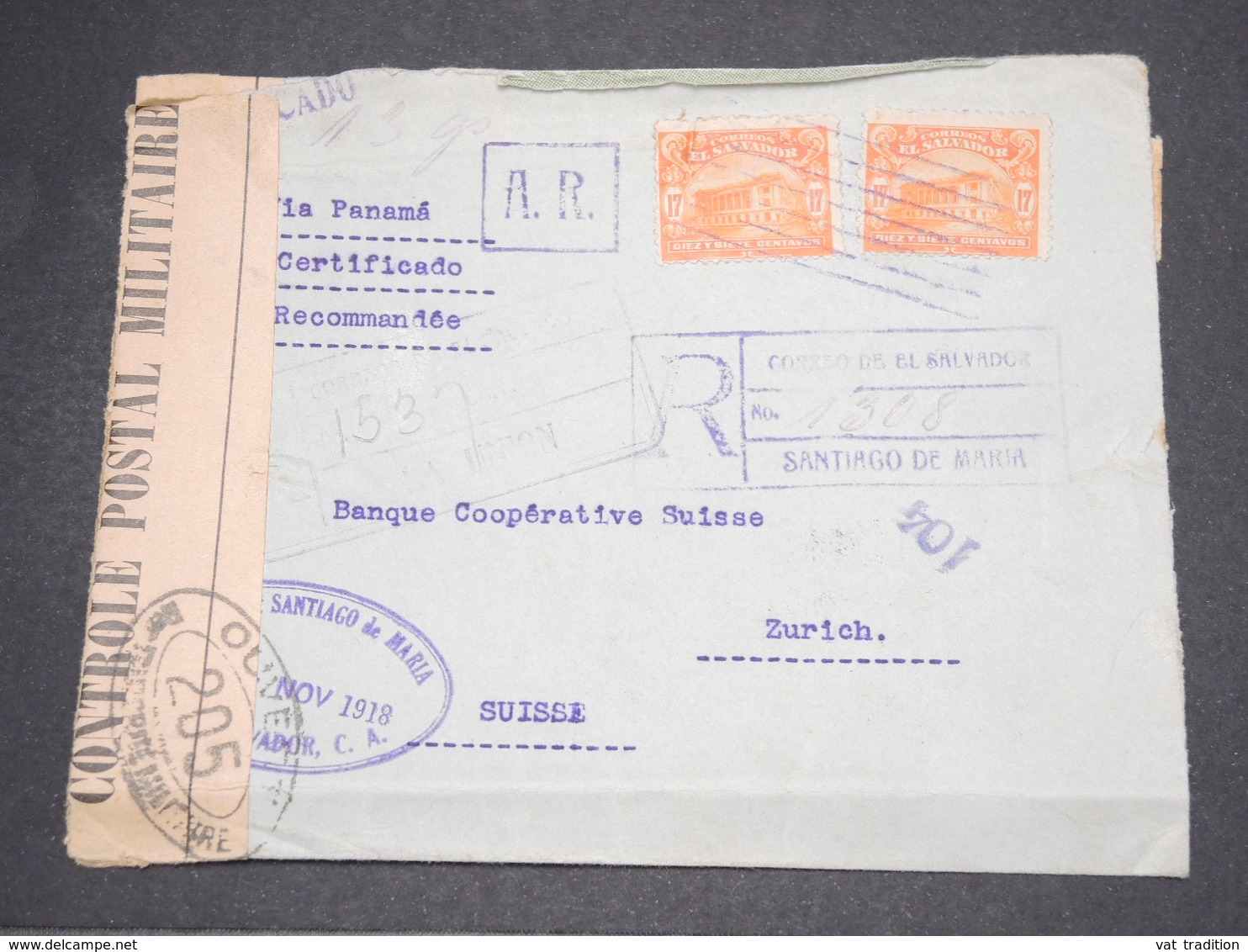 SALVADOR - Enveloppe En Recommandé De Santiago De Mariai Pour La Suisse En 1918 Avec Contrôle Postal - L 14475 - El Salvador