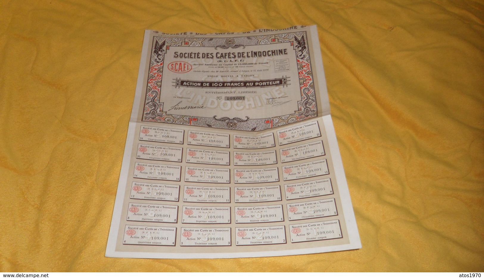 ACTION DE 100 FRANCS AU PORTEUR../ SOCIETE DES CAFES DE L'INDOCHINE. SAIGON. / 24 COUPONS. - S - V