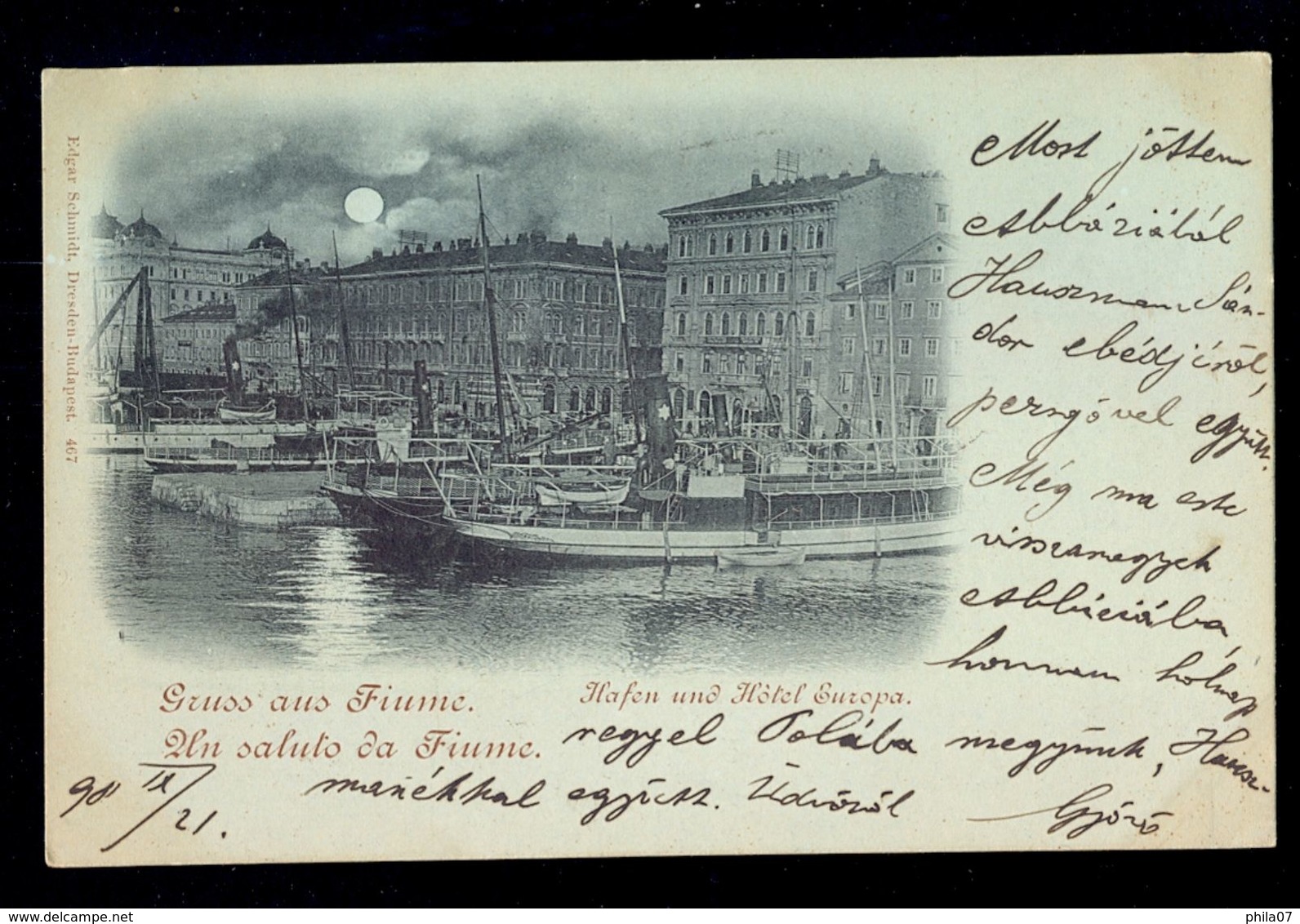 Gruss Aus Fiume Hafen Und Hotel Europa / Edgar Schmidt / Year 1898 / Postcard Circulated, 2 Scans - Croatia