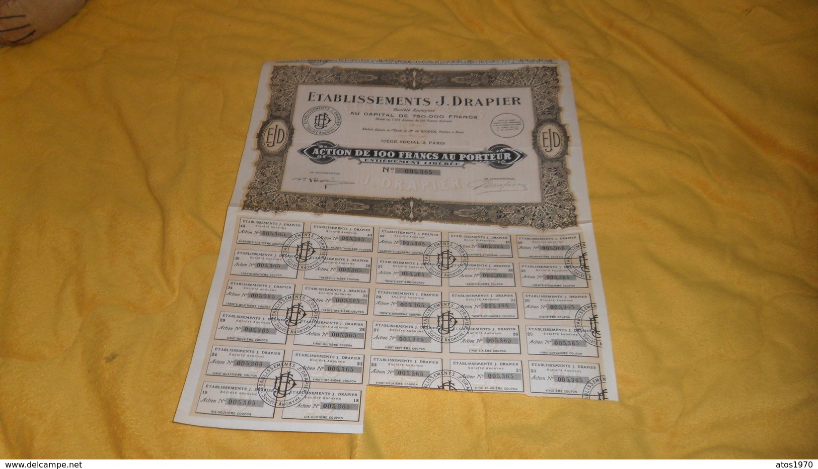 ACTION DE 100 FRANCS AU PORTEUR../ ETABLISSEMENTS J. DRAPIER. PARIS. / RESTE 22 COUPONS. - D - F