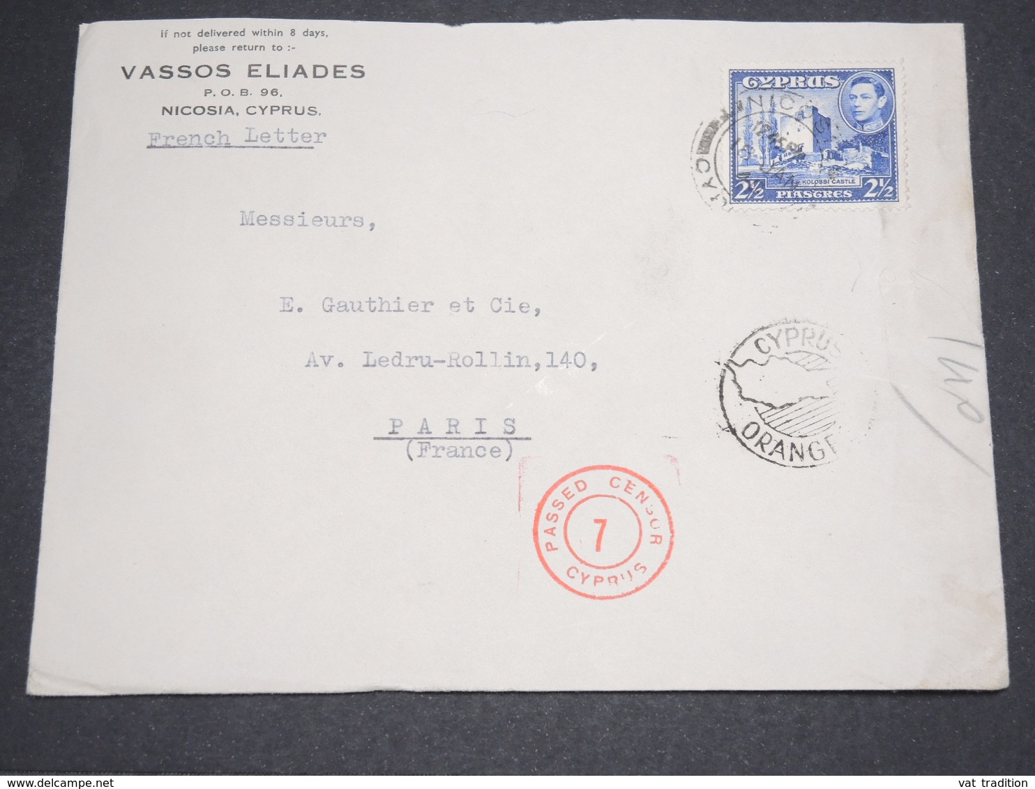 CHYPRE - Enveloppe Commerciale Pour La France En 1940 Avec Contrôle Postal - L 14492 - Lettres & Documents