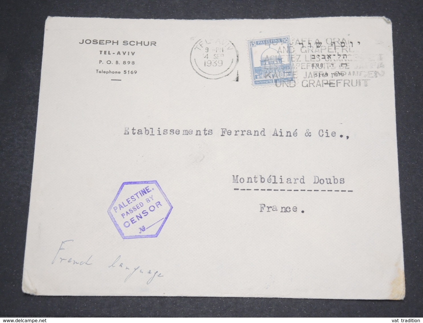 PALESTINE - Enveloppe Commerciale De Tel Aviv Pour La France En 1939 Avec Contrôle Postal - L 14493 - Palestina