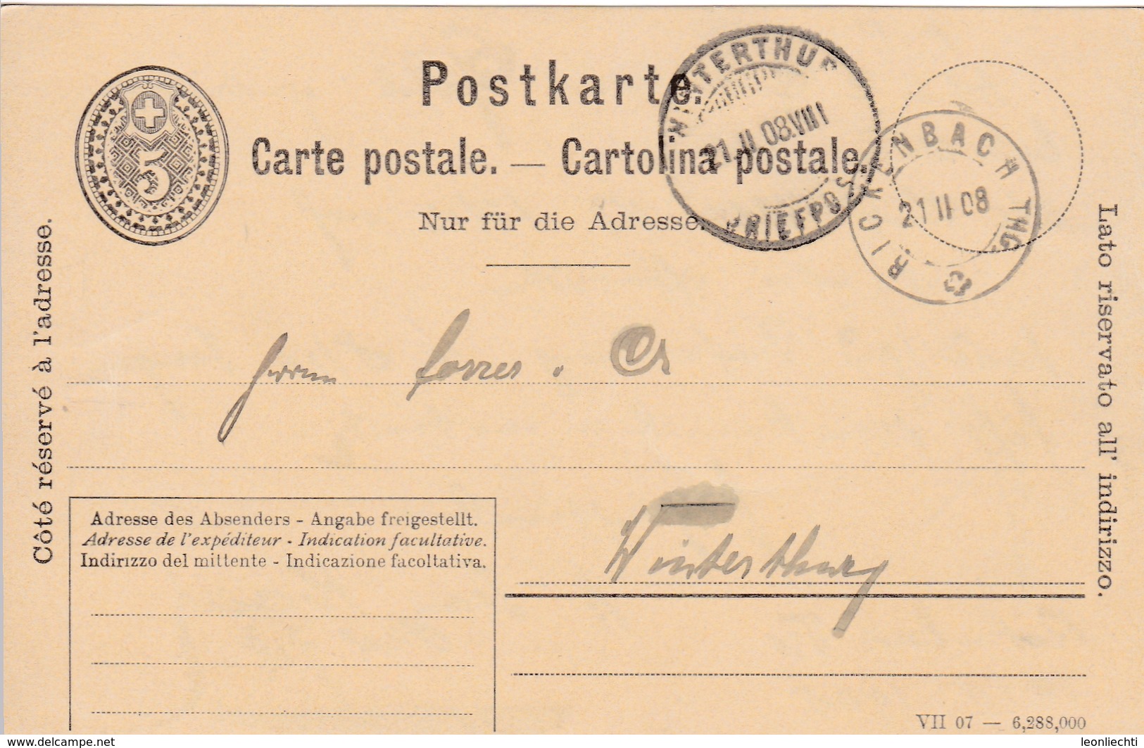 Carte-postale / Postkarte 5Rp Grau Gelaufen Und Abgestempelt Von Rickenbach Nach Winterthur Am 21.II.1908 - Stamped Stationery