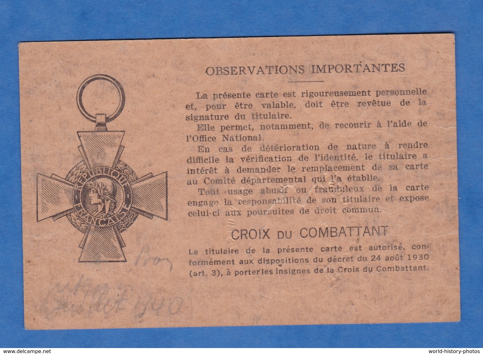 Carte De Combattant Ancienne - PARIS - Robert Charles GODEFROY - 1934 / 1939 - Soldat Poilu WW1 - Historische Documenten
