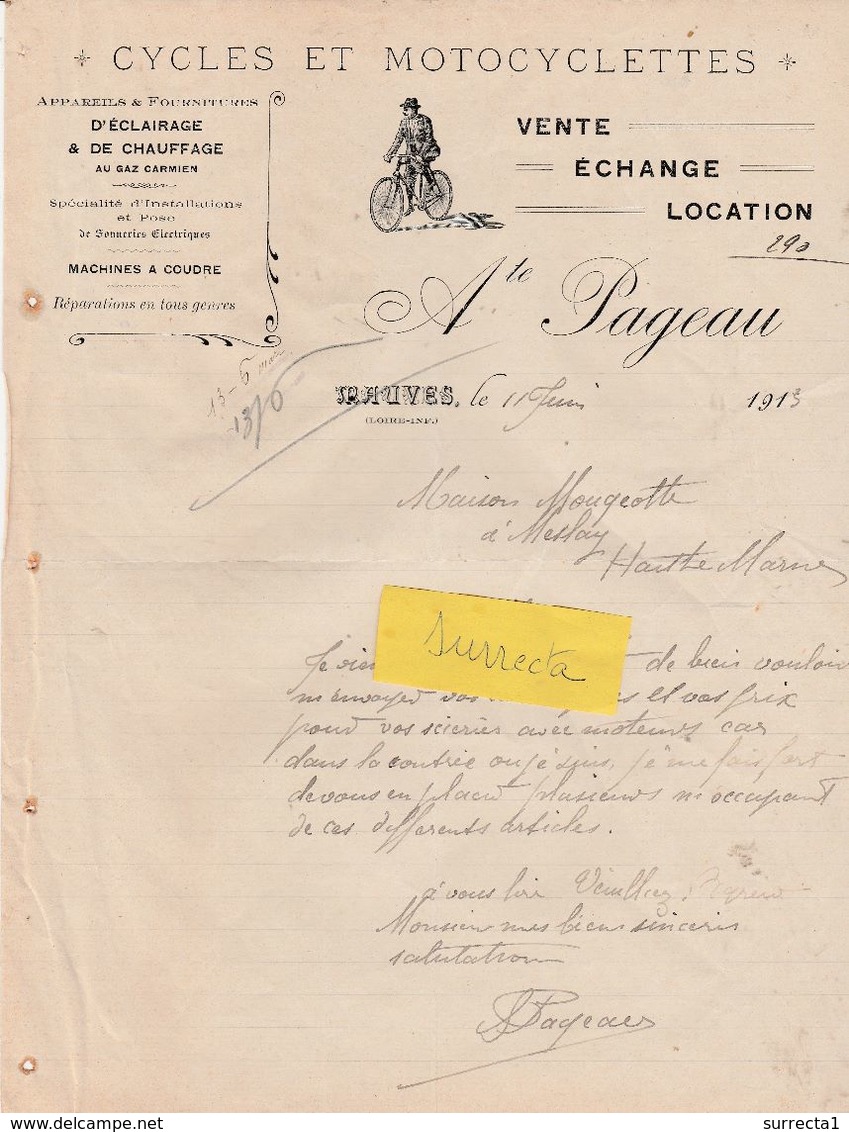 Facture 1913 / A. PAGEAU / Cycle Et Moto / Vélo / 44 Mauves / Loire Atlantique - Autres & Non Classés