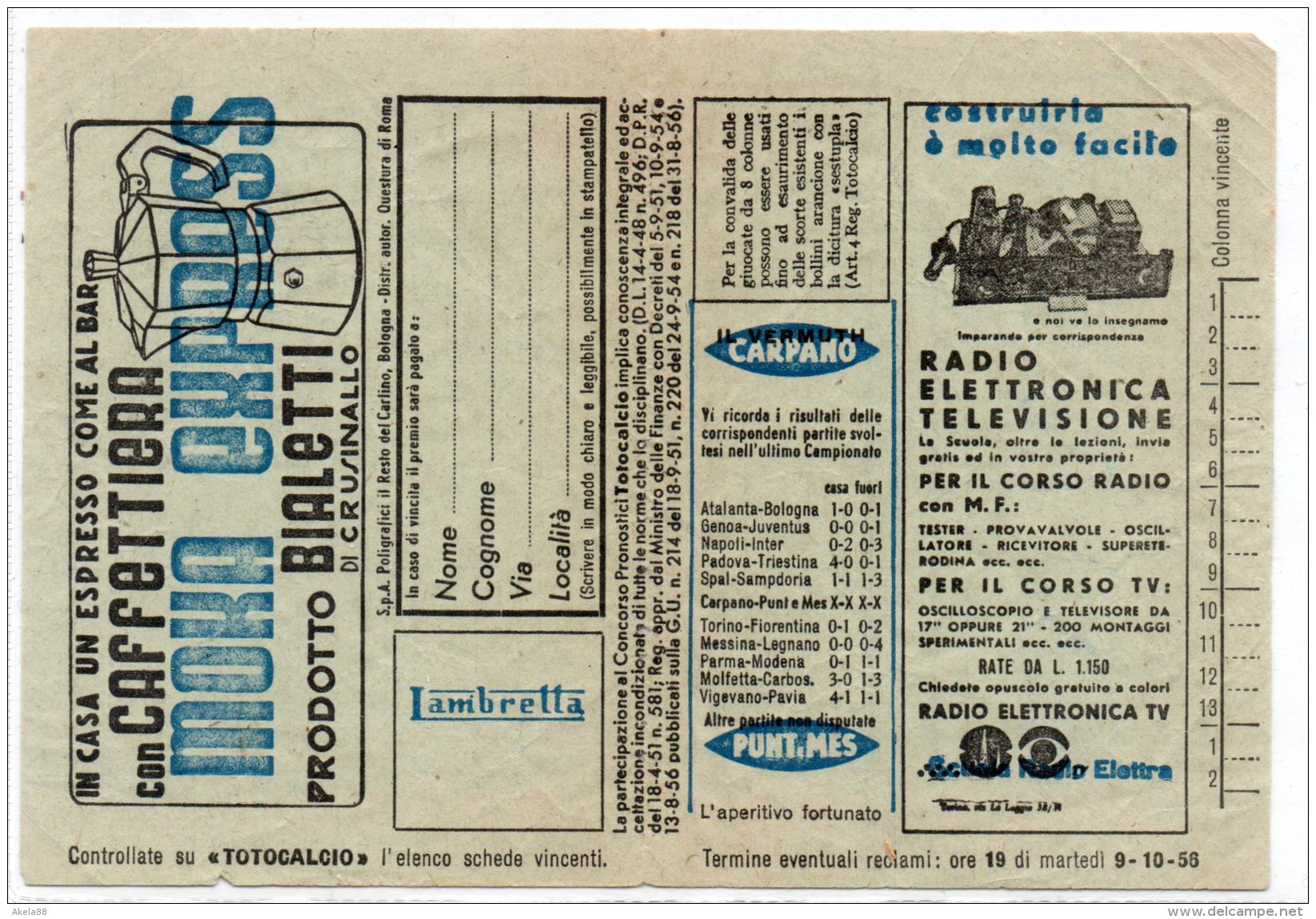 SCHEDINA TOTOCALCIO 1956 - CHINOTTO RECOARO - PERUGINA - BIALETTI - CARPANO - SCUOLA RADIO ELETTRA - Altri & Non Classificati