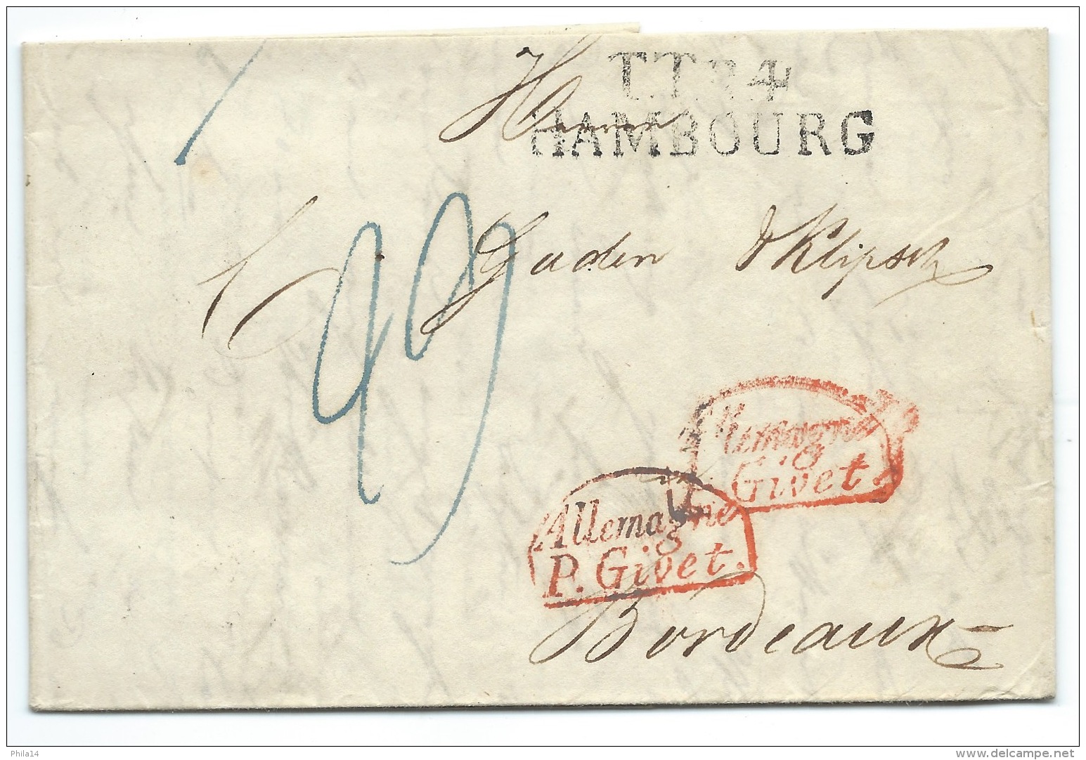 MP HAMBOURG 1832 POUR BORDEAUX / TTR4 / CACHET ROUGE Allemagne P. Givet - Prefilatelia